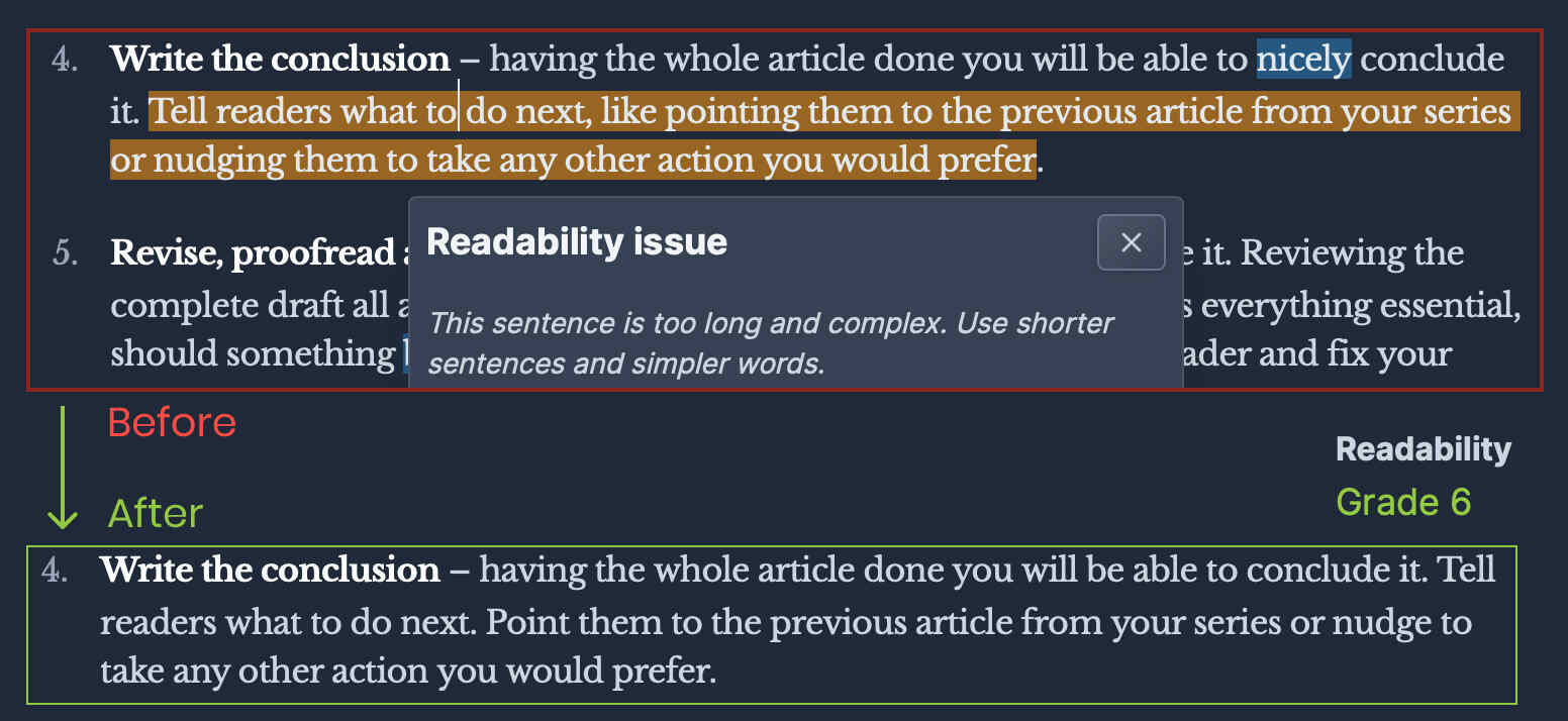 A snippet from the Hemingway app. It shows how I improved the readability.