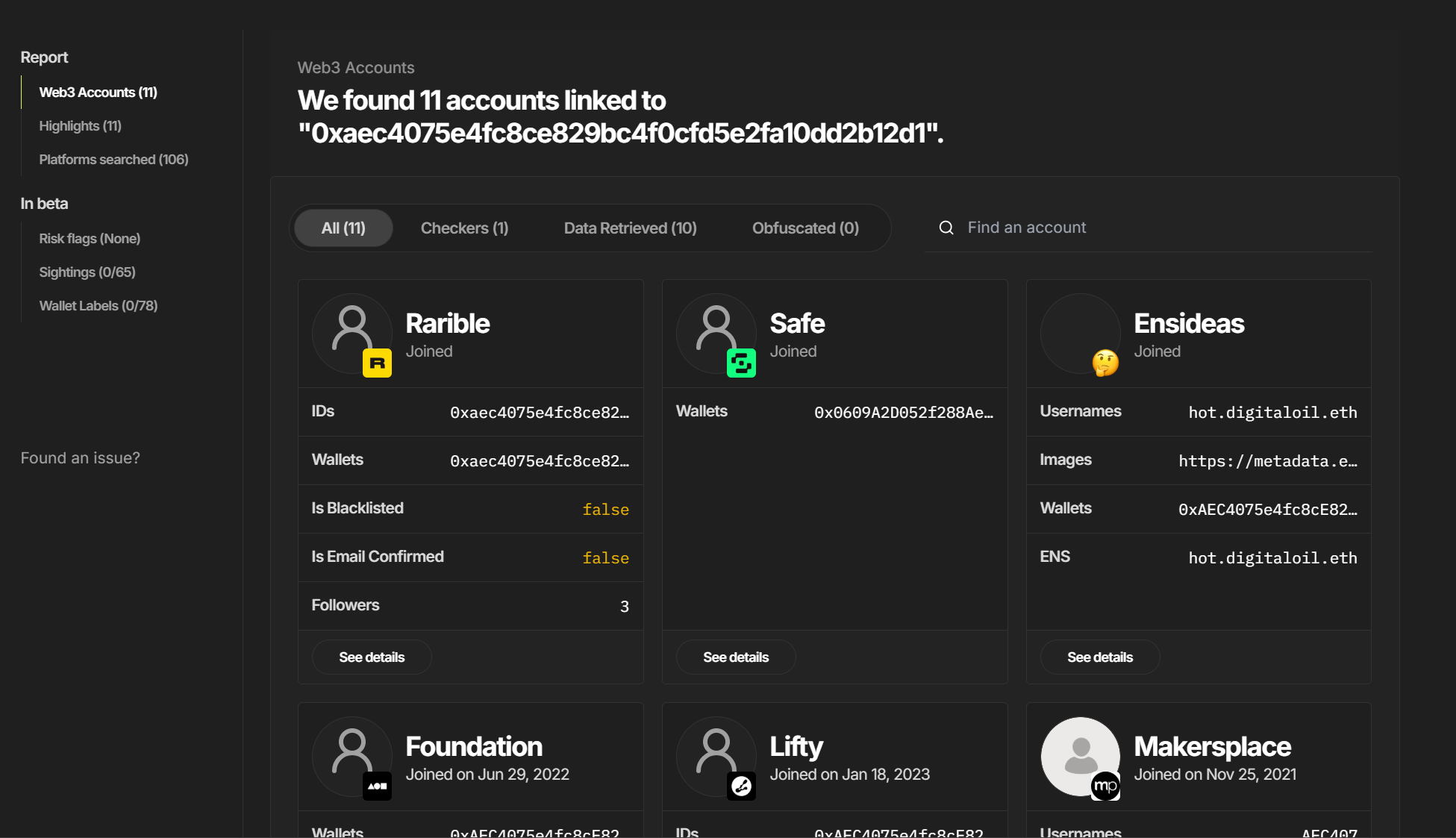 Found Web3 Profiles after searching a cryptocurrency wallet address