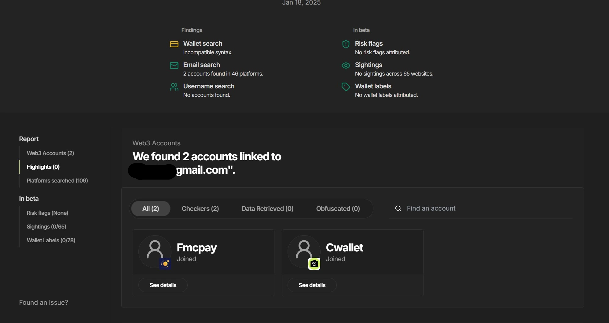 Results from searching an email address on OnChain Industries OSINT tool.